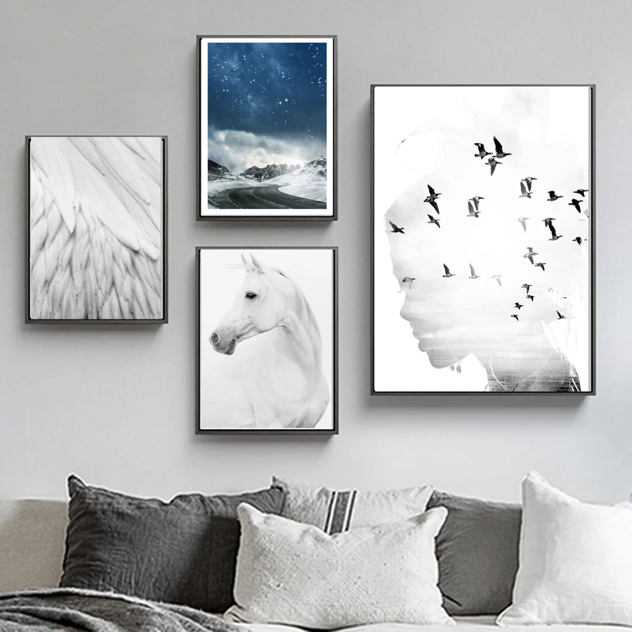 

Girl bird Horse Feather Highway Landscape Wall Art Canvas Painting Nordic Posters And Prints Wall Picture For Living Room Decor