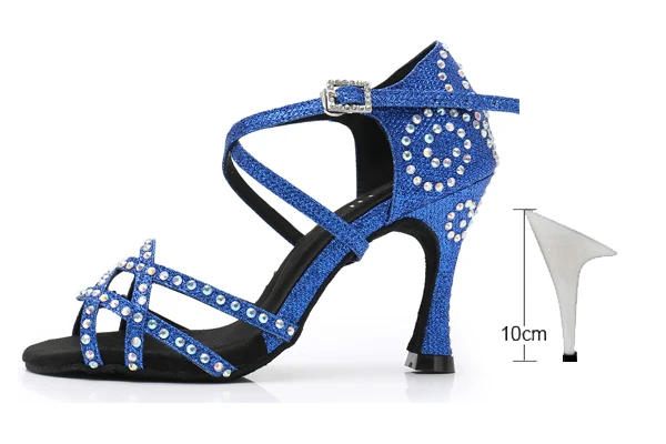 blue heel 10cm DILEECHI/Женская обувь для латинских танцев; стразы; блестящая обувь для сальсы; Бальные сандалии; обувь для танцев; обувь для вечеринок; Каблук-клеш 9 см; цвет золотистый, серебристый - Цвет: blue heel 10cm