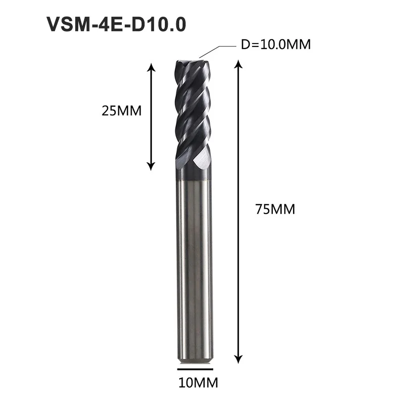 VSM-4E-D10.0 1 шт. VSM-4E Концевая фреза из карбида вольфрама 4 флейты с квадратной головкой с покрытием Концевые Фрезы с ЧПУ фреза для термостойкого сплава, титана - Длина режущей кромки: VSM-4E-D10.0
