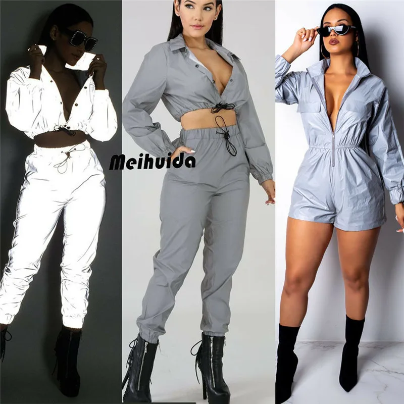 

Women Crop Tops Pants Sets Two Piece Jumpsuit Casual Reflective Outfits
