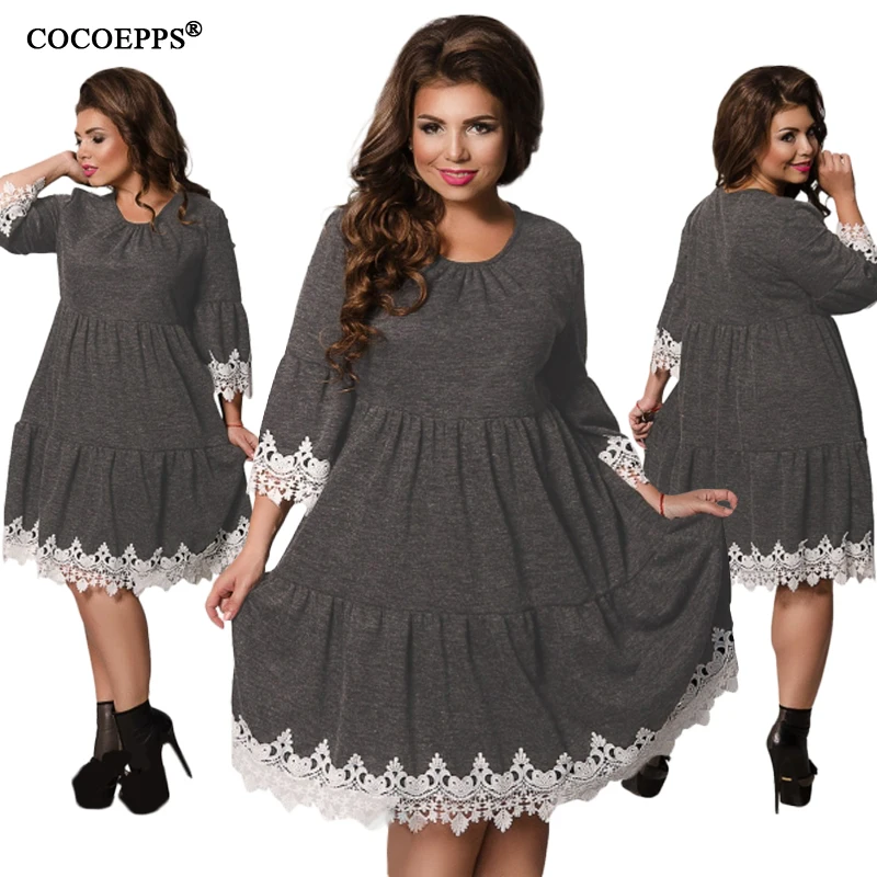 5XL 6XL размера плюс зимнее женское кружевное платье Осеннее свободное рабочее с