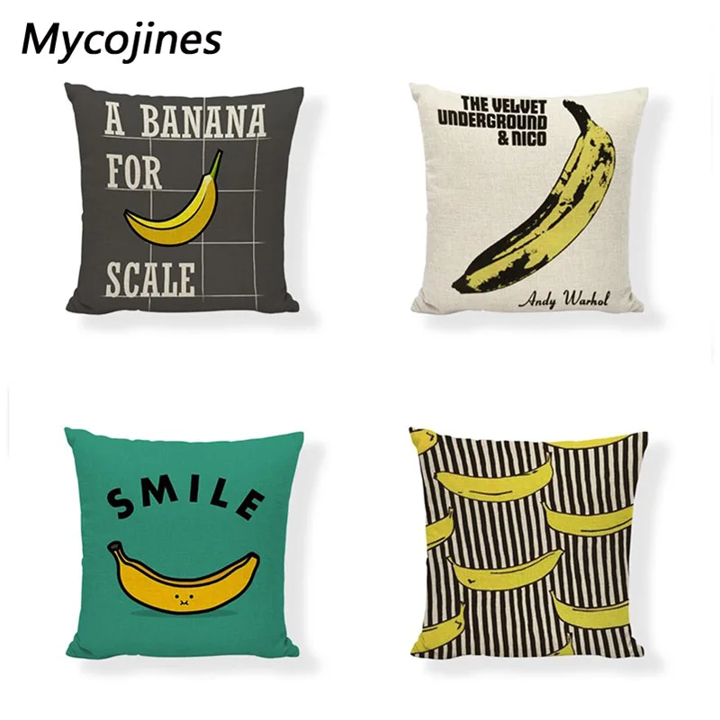 Чехол для подушки с разными изображениями бананов черных полос серых в клетку
