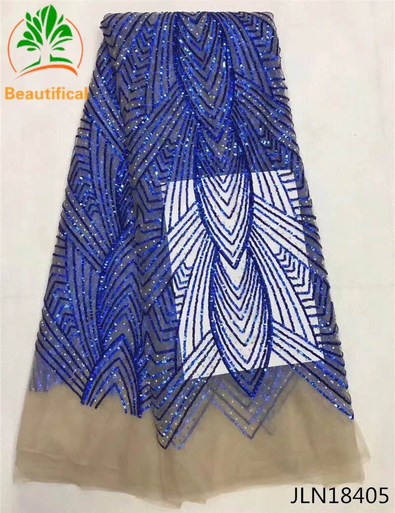 Красивый французский чистая кружевной Королевский Синий Блестки ткани высокое