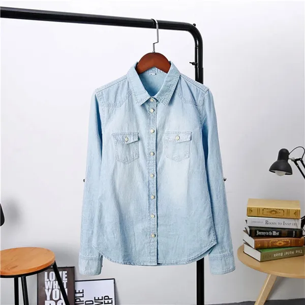 light blue Осенние женские синие джинсовые рубашки с отворотами и пуговицами с длинным рукавом, узкие джинсовые топы с карманами, блузки размера плюс, blusas mujer - Цвет: light blue