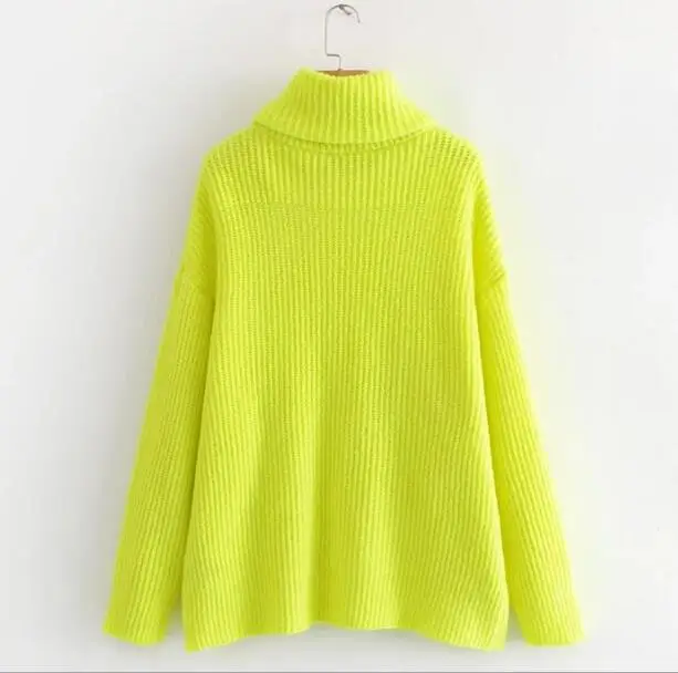 Stylish Striped Line Fluorescent Green Pullover Sweater Women Turtleneck Long sleeve Loose Knitwear Jumper Tops | Женская одежда