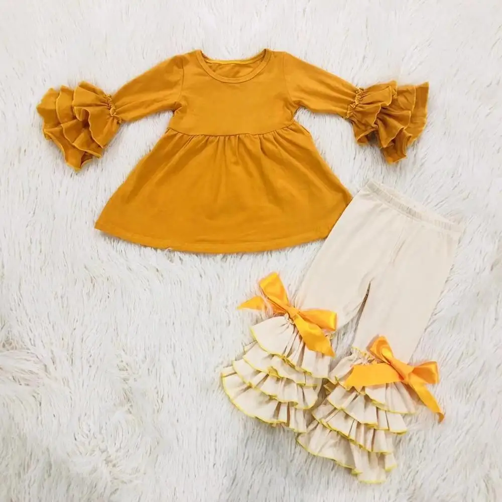 KY-TZ-867-2 Kaiya Angel/модные изысканные наряды для девочек, однотонный топ с длинными рукавами+ брюки с оборками и бантом, Детские хлопковые комплекты, с фабрики - Цвет: KY-TZ-867-2