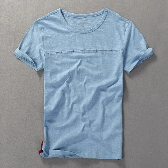 sky blue Летняя Новинка, Мужская футболка с коротким рукавом, круглый воротник, тонкая бамбуковая хлопковая Однотонная футболка, мужская повседневная футболка, мужская рубашка - Цвет: sky blue
