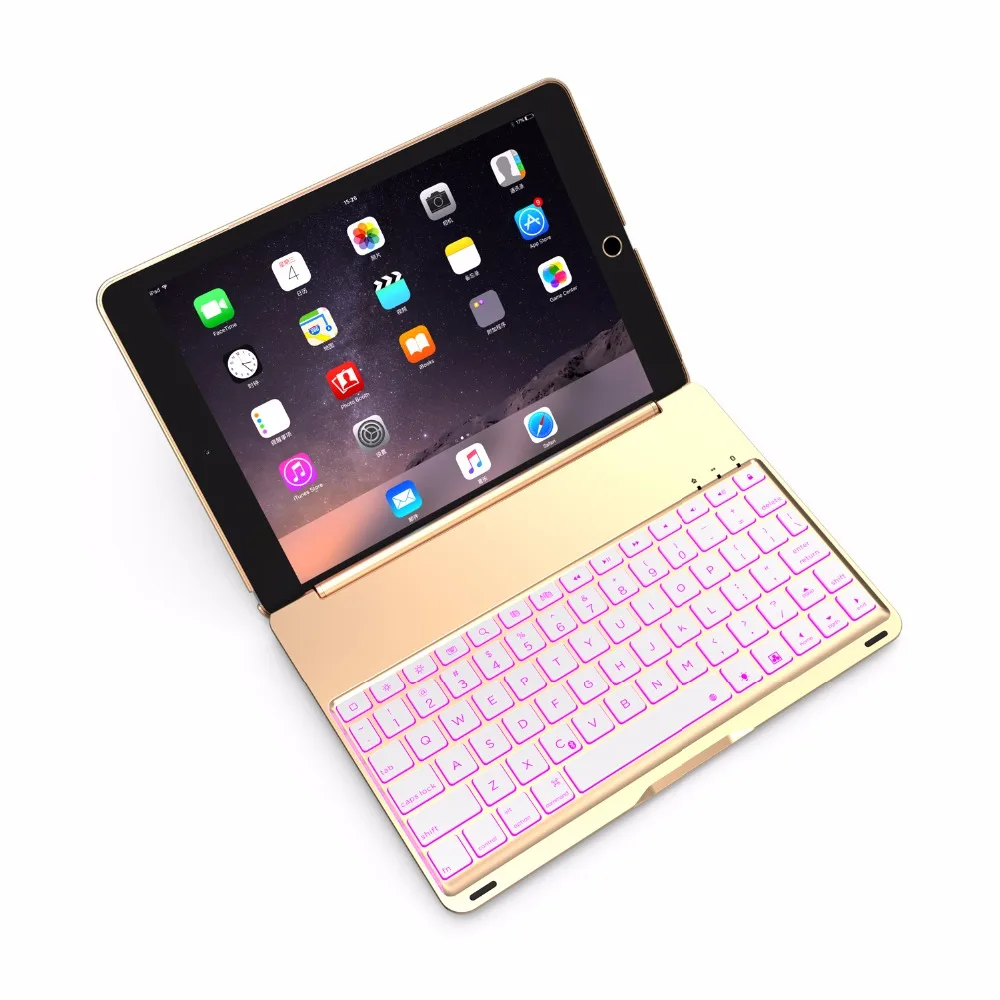 7 Colorful Backlit Aluminum Wireless Bluetooth Keyboard Cover Case for Apple iPad Air 2/Air2 6 9.7 A1566 A1567 + Film Pen |