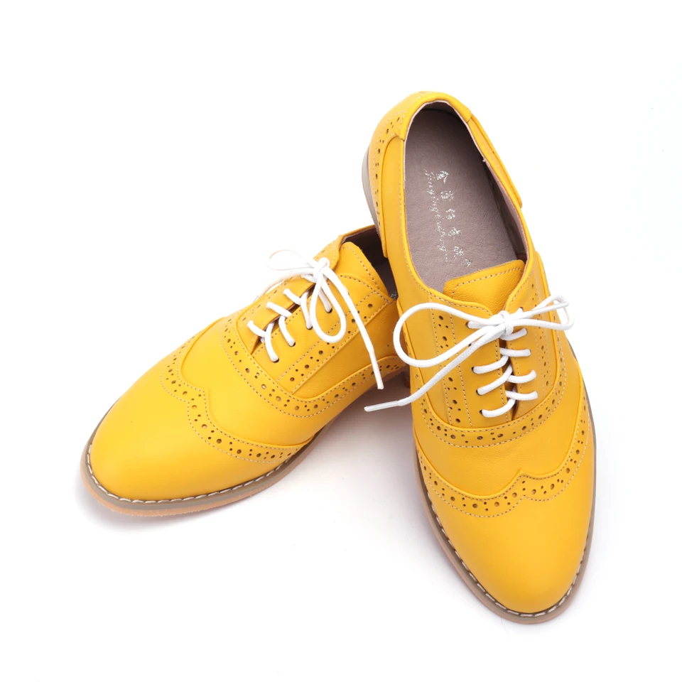 Женские туфли оксфорды ручной работы желтые из натуральной кожи на шнуровке