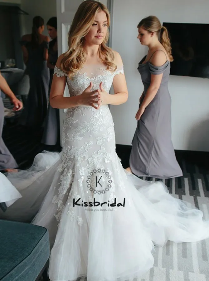 

vestito da sposa Newest Appliqued Lace Wedding Dresses Boat Neck Mermaid Bride Wedding Gown