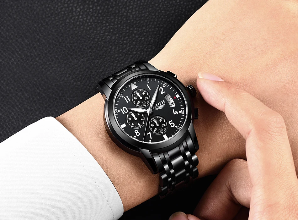 Мужские часы Топ бренд Модные хронограф LIGE черные кварцевые часы из нержавеющей стали автоматические часы с датой Relogio Masculino