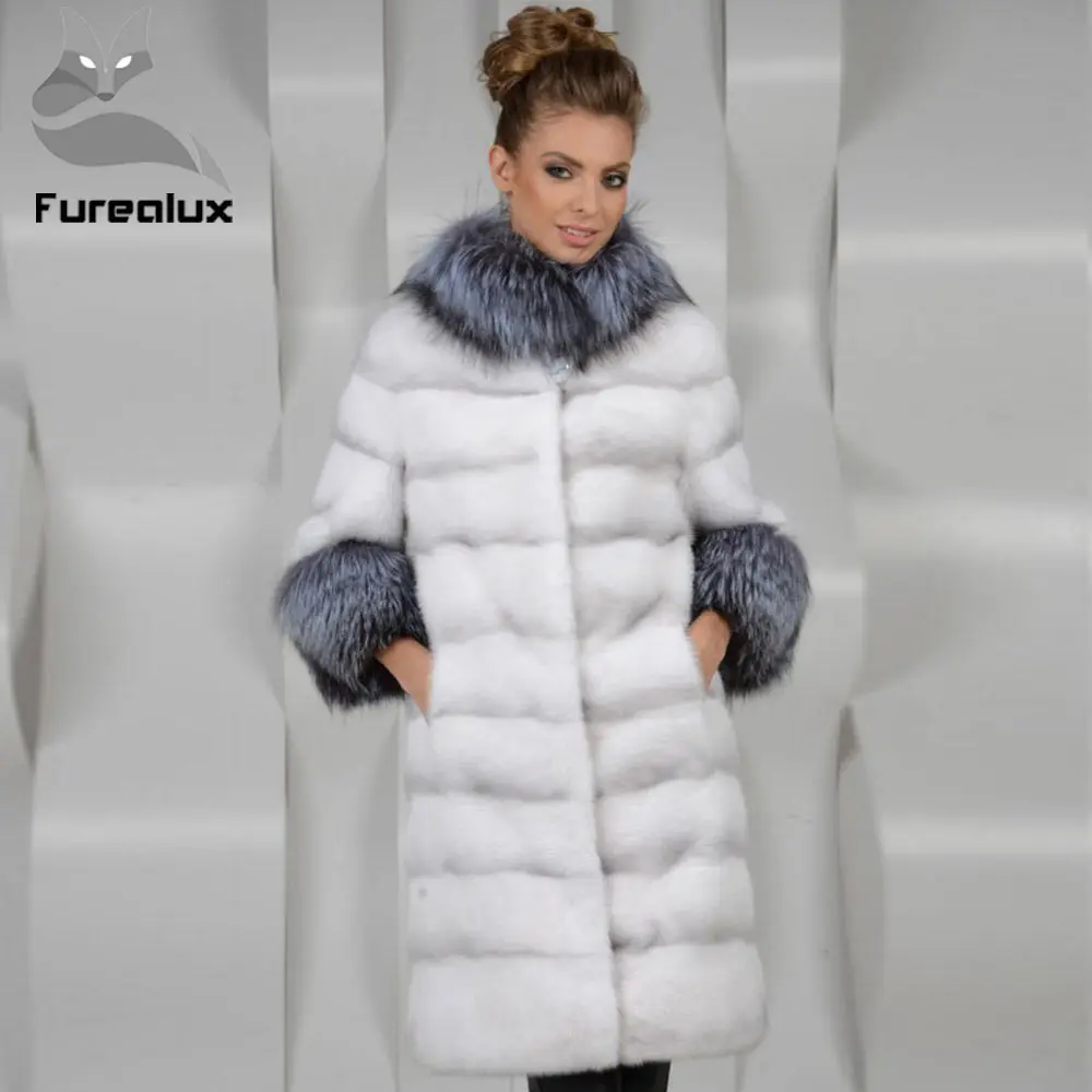 Женское пальто с воротником из меха лисы Furealux натурального норки стойкой и