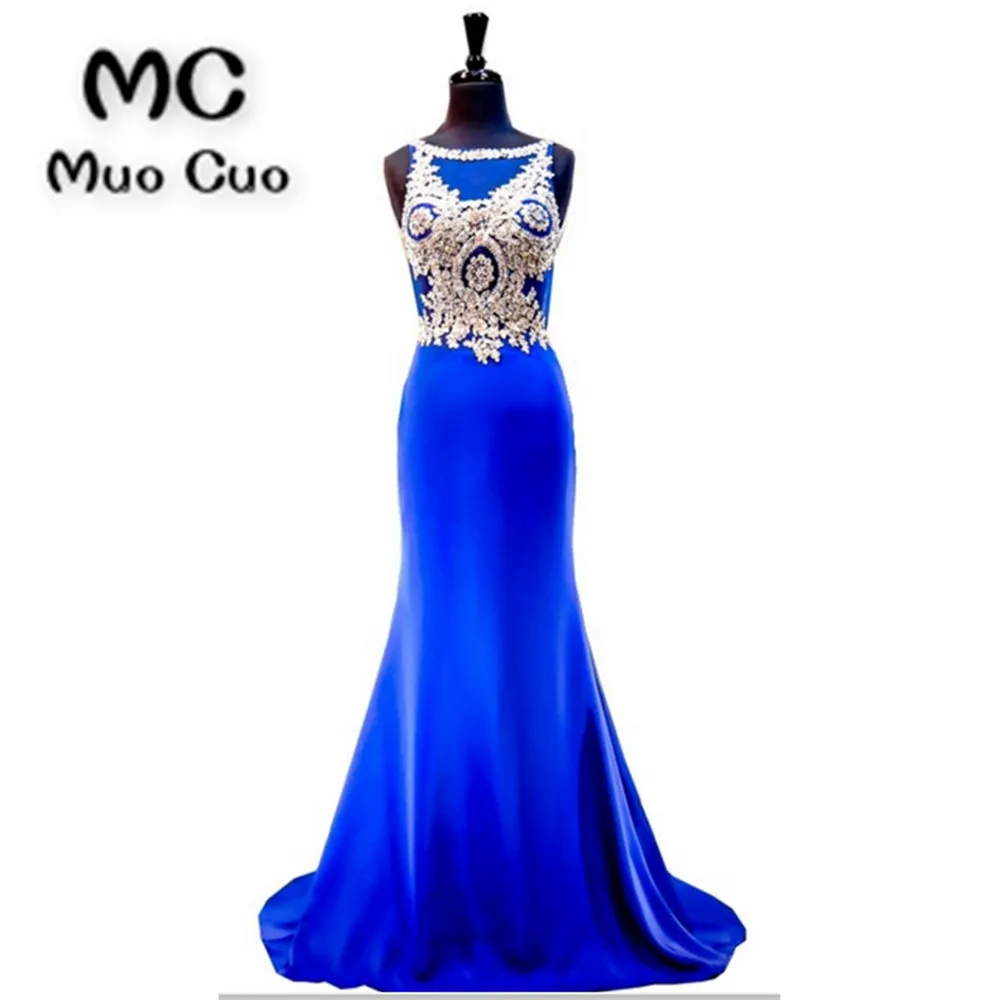 2018 Royer Blue Prom Dresses Long with Beaded Appliques Vestido Longo Backless Hard Satin Formal Evening Party Dress 100% Real | Свадьбы и