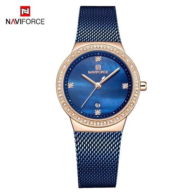 Blue NAVIFORCE роскошный Ультратонкий Для женщин часы модное с кристаллами, стразами женские кварцевые часы Водонепроницаемый женские часы reloj mujer - Цвет: Blue