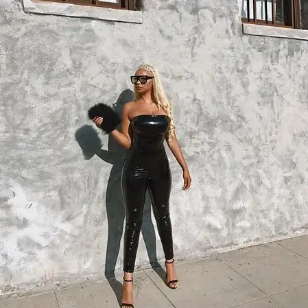 Черный женский Облегающий комбинезон из искусственной кожи облегающий цельный