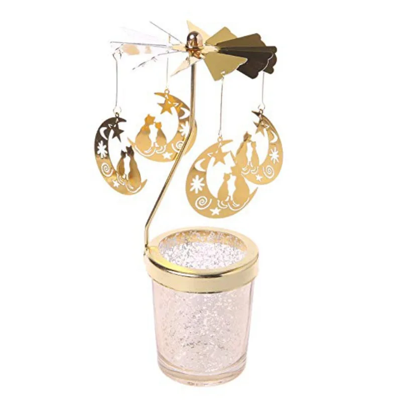 Moon cat-Gold Home Christmas Decoration New Romantic Rotary Spinning Tealight Candle Metal Tea Light Holder Carousel - Цвет: Moon cat-Gold