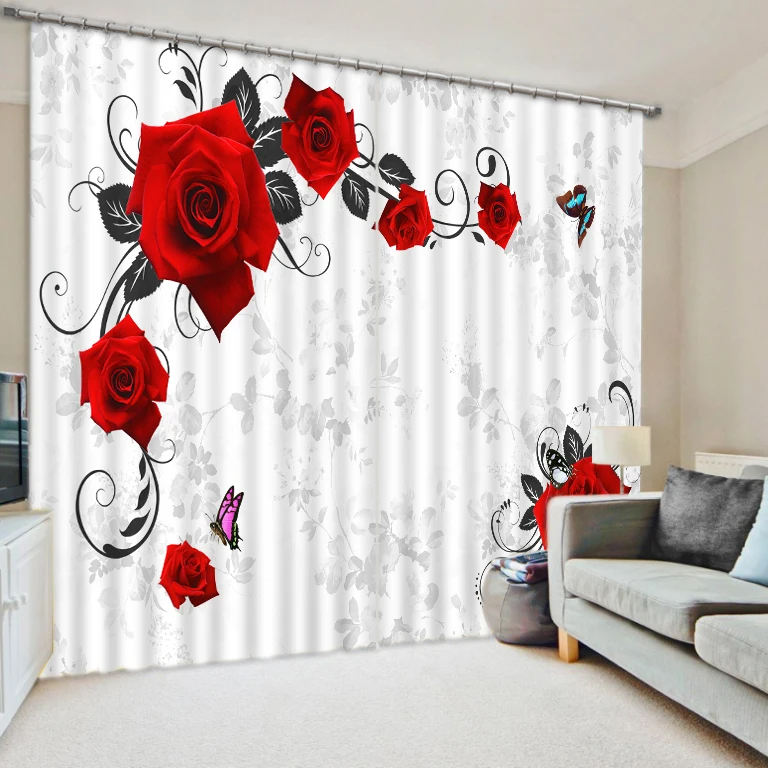 

Curtains Decoration European 3D Curtains For Living room Blackout Roaantic red rose curtains