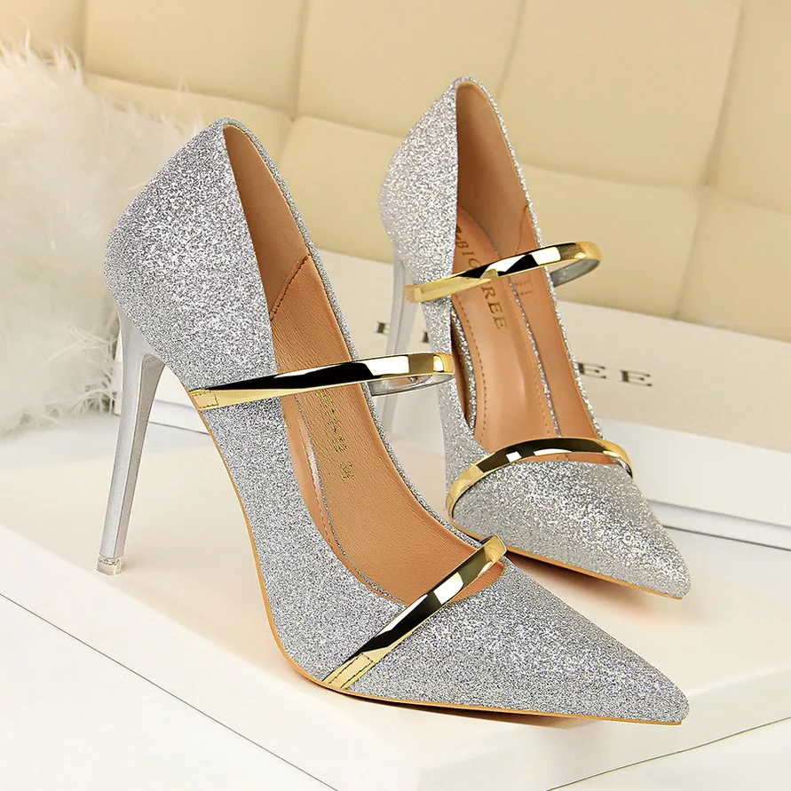 

Newest One Word Strap Women Shoes sequins Pointed Toe High Heels Sexy Slim Stiletto Formal Wedding Party Fashion High Heel