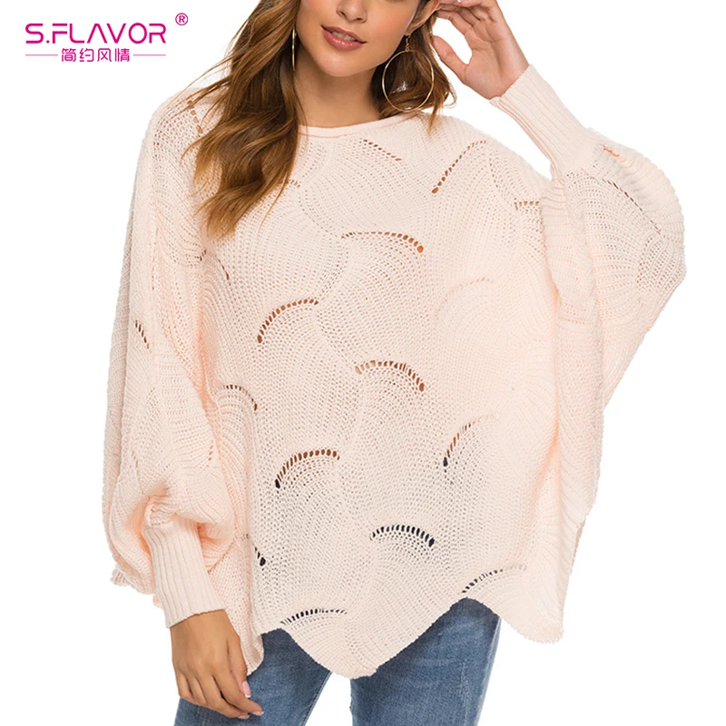 S.FLAVOR New Fashion O Neck Hollow Out Pullover Winter Batwing Sleeve Loose Sweater Women Pull Knitwear Sexy Sweaters | Женская одежда