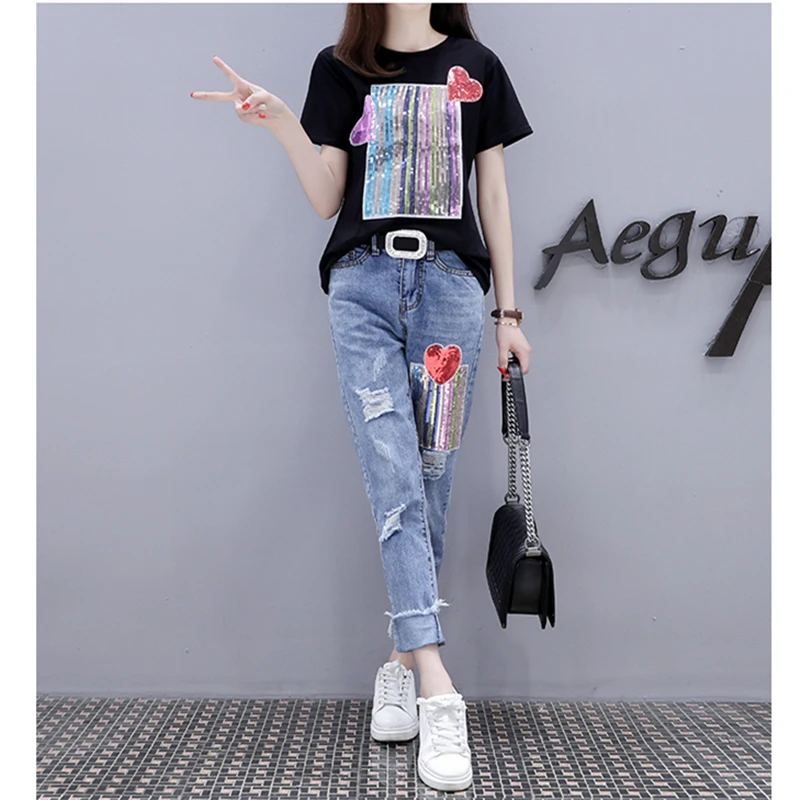 Summer New Fashion Two Piece Sets Women T shirt Sequins Short Sleeve Tshirt Tops + Casual Broken Hole Jeans Clothes | Женская одежда