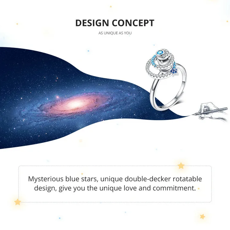 BAMOER Galaxy Star, регулируемое кольцо из натуральной 925 пробы, серебряное, CZ, Вселенная планета, кольцо на палец, роскошные брендовые ювелирные изделия BSR035