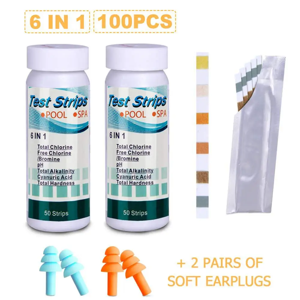 

100PCS Pool Test Strips 6 In 1 With Pool Earplug Spa Bath Water PH Test Paper Residual Chlorine Value Alkalinity Hardness Tester