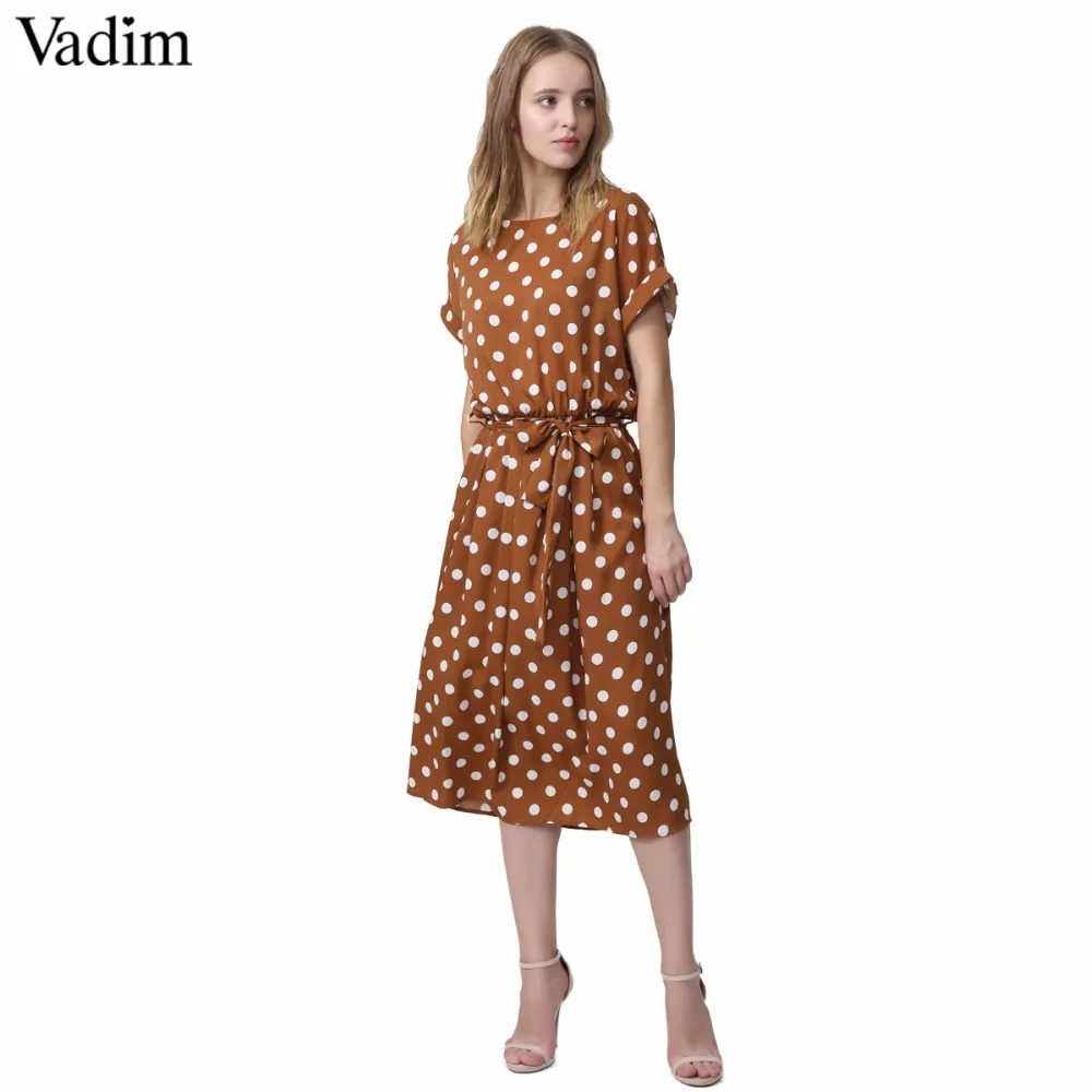 Винтажное платье Vadim с бантом и поясом средней длины в горошек эластичной талией
