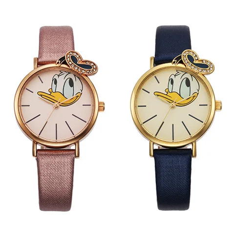 Оригинальные женские часы Disney Donald Duck милые для женщин кожаные с ремешком Roes Gold |
