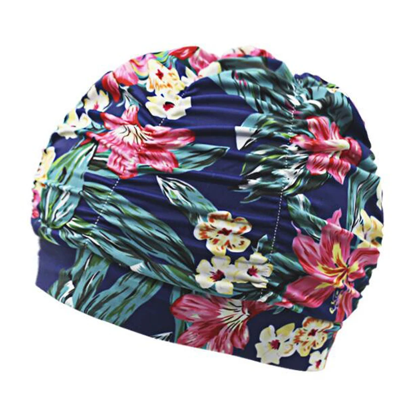Pleated Flower 7 Плиссированные цветочные Лепестковые принты, тканевые плавающие шапки ming для плавания, бассейна, пляжа, серфинга, защищают длинные шапки с ушками, шапки размера плюс для женщин и мужчин - Цвет: Pleated Flower 7