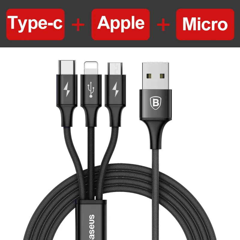 3 in 1 Black Baseus 3 в 1 USB кабель для iPhone samsung Xiaomi мульти Быстрая зарядка микро USB кабель 2 в 1 мобильный телефон usb type C кабель - Цвет: 3 in 1 Black