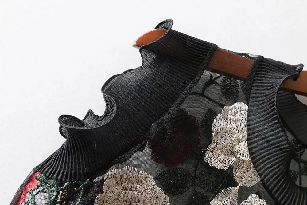 Цветочная вышивка Черная кружевная рубашка женская сексуальная без рукавов