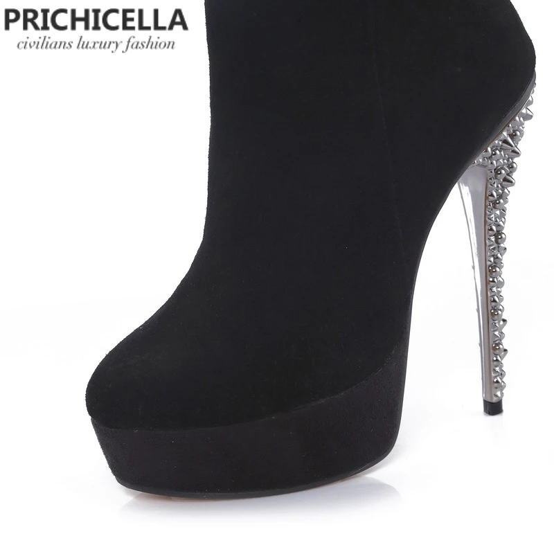 PRICHICELLA/черные замшевые блестящие сапоги до бедра на шпильке и платформе; высокие сапоги из натуральной кожи; size34-42