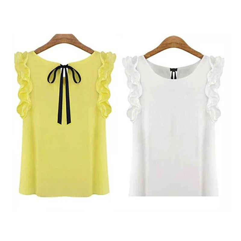

Women's Blouse Summer Fashion Lotus Leaf O-Neck Casual Shirt Ladies Bow Chiffon Blouses Tops White Yellow New Women's Shirt