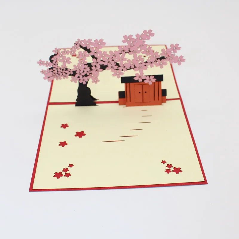 3D лазерный гравировальный вишневый цвет Сакура дом бумага приглашения поздравительные карты с конвертом