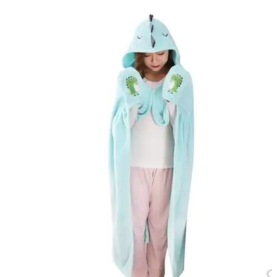 Cute dinosaur shawl plush hooded blanekt coral fleece cape blanket throw kids TV leisure indoor | Дом и сад