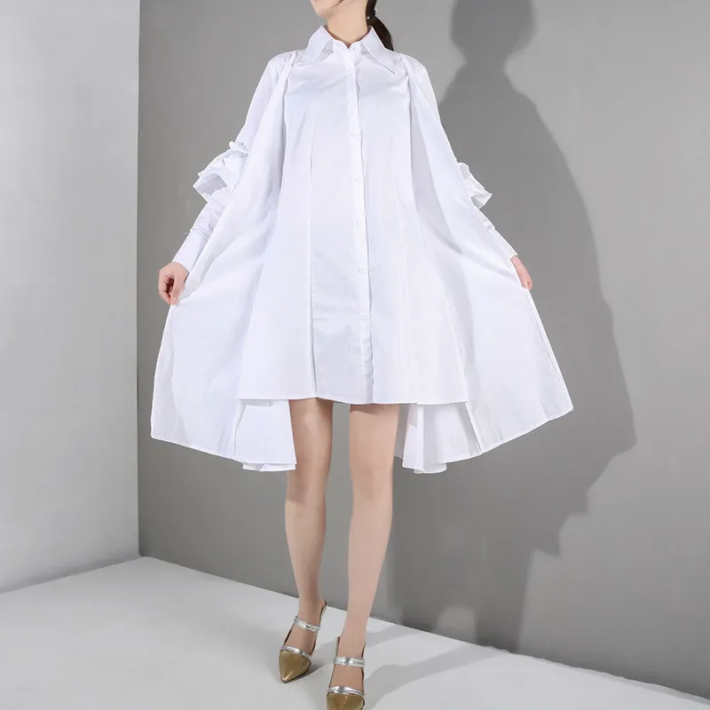 Женское платье рубашка LANMREM белое комбинированное с отложным воротником и