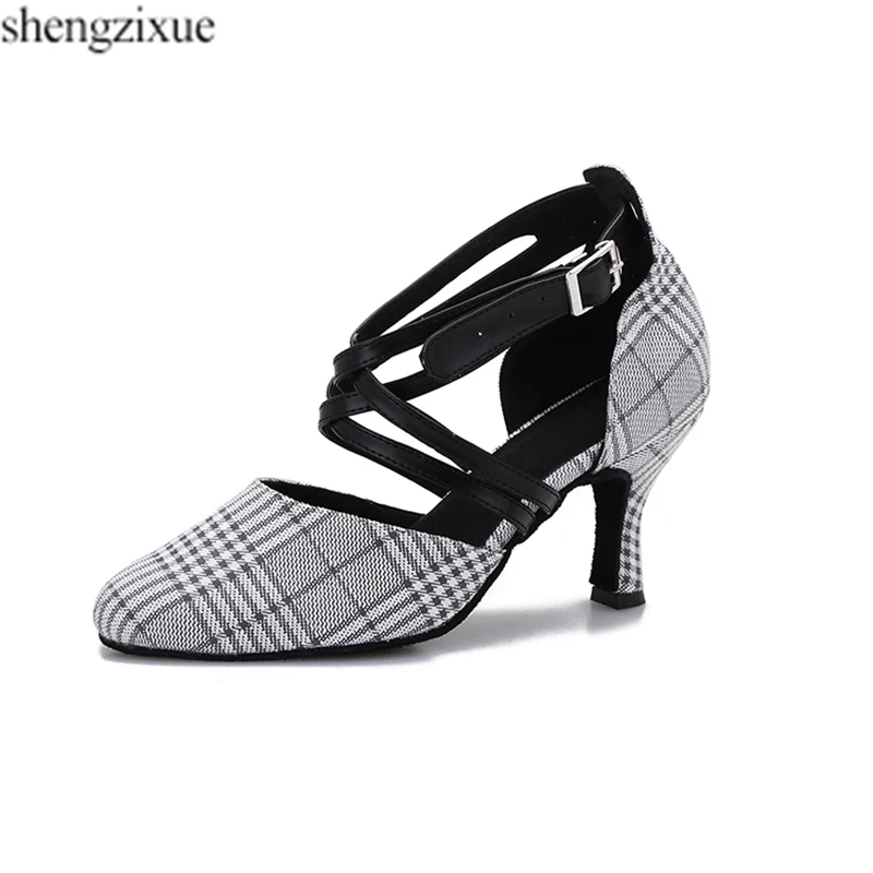 shengzixue NEW Blue/Gray/Brown Checkered Cloth Material Dance Sneakers Shoes Ballroom/Latin Women's 6CM/7.5CM/8CM Heel | Спорт и