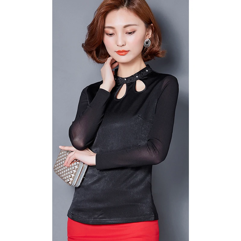 women tops Hollow Out Solid shirt Long Sleeve Fashion Cotton Stand Blusas Mujer De Moda 2017 Autumn Blouse Femme plus size 3XL |