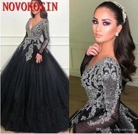 2019 black arabic deep v neck tulle ball gown quinceanera dresses sparkling beaded long sleeves lace appliqued party dresses