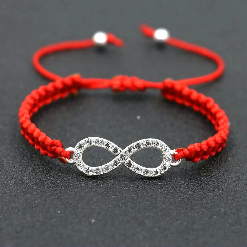 Браслет Стразы ручной работы серебристого цвета с кристаллами циркона и красной