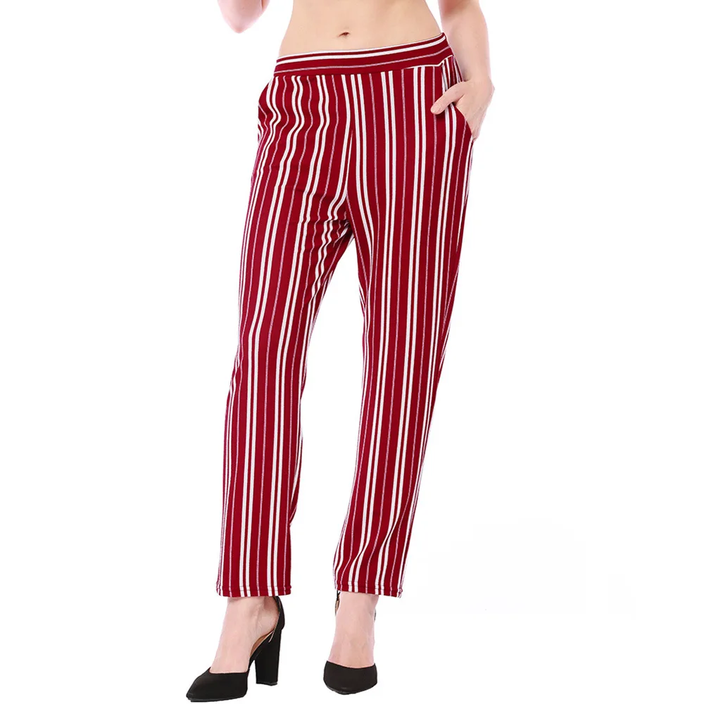 BIMIDENGB 2019 Vertical Striped Skinny Pants Women Elastic Mid Waist Pocket OL Style Work Trousers 2018 Summer Long Pencil | Женская