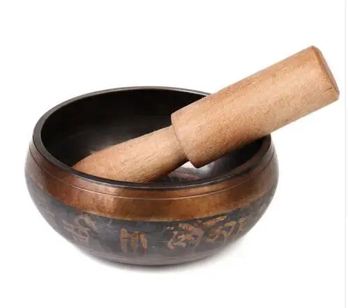 Винтажная 8 5 см тибетская медь Буддизм Поющая чаша с деревянной чашей для