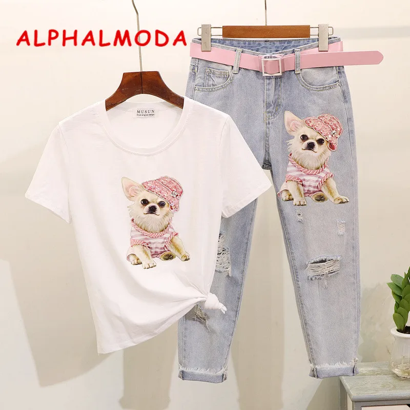 ALPHALMODA Милая женская футболка с блестками и принтом собаки стильные