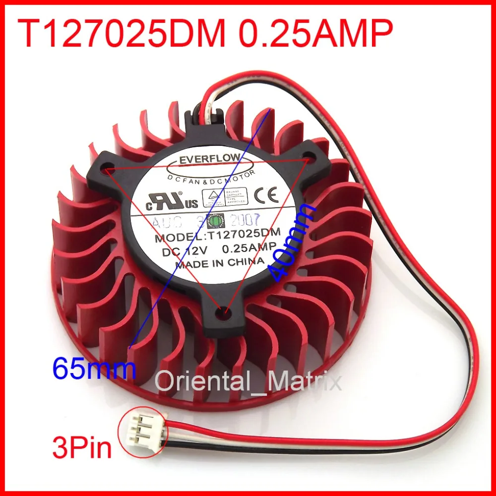 

New T127025DM 0.25AMP 65mm 40*40*40mm Graphics / Video Card Cooler Cooling Fan 3Pin 3Wire