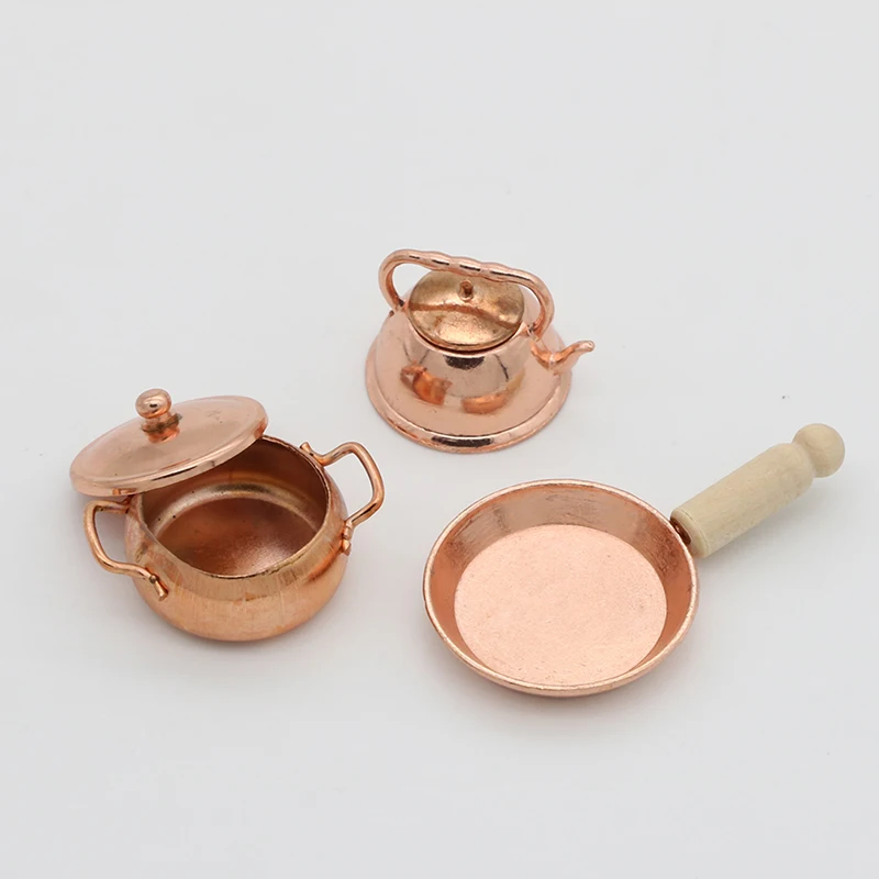 3pcs/Set 1:12 Scale Dollhouse Miniature Bronze Frying Pan Cooking Pot Kettle Cookware Kitchen Kit Dolls Accessories | Игрушки и хобби