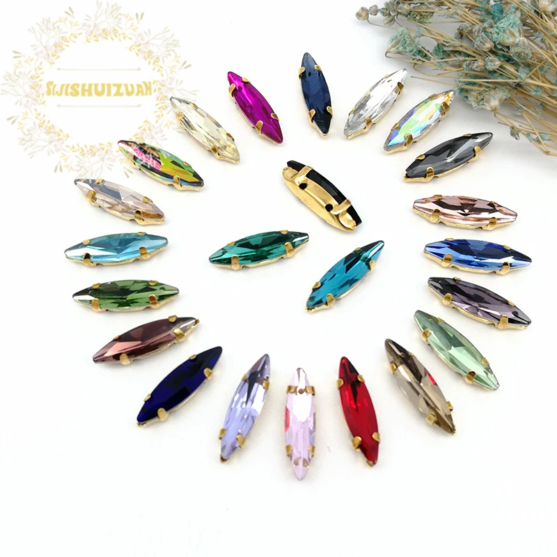 

4x15mm 24Color Horse Eye Crystal Glass Sew-on Rhinestones Gold Bottom With Claws For Garment Jewelry Wedding Dress Shoe Bag Diy
