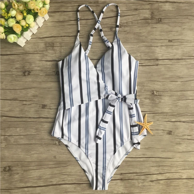 

Women Striped One-piece Swimsuit Deep V Neck women ladies Summer Sexy Beach Bathing Suit Swimwear One piece Plus Size 2XL