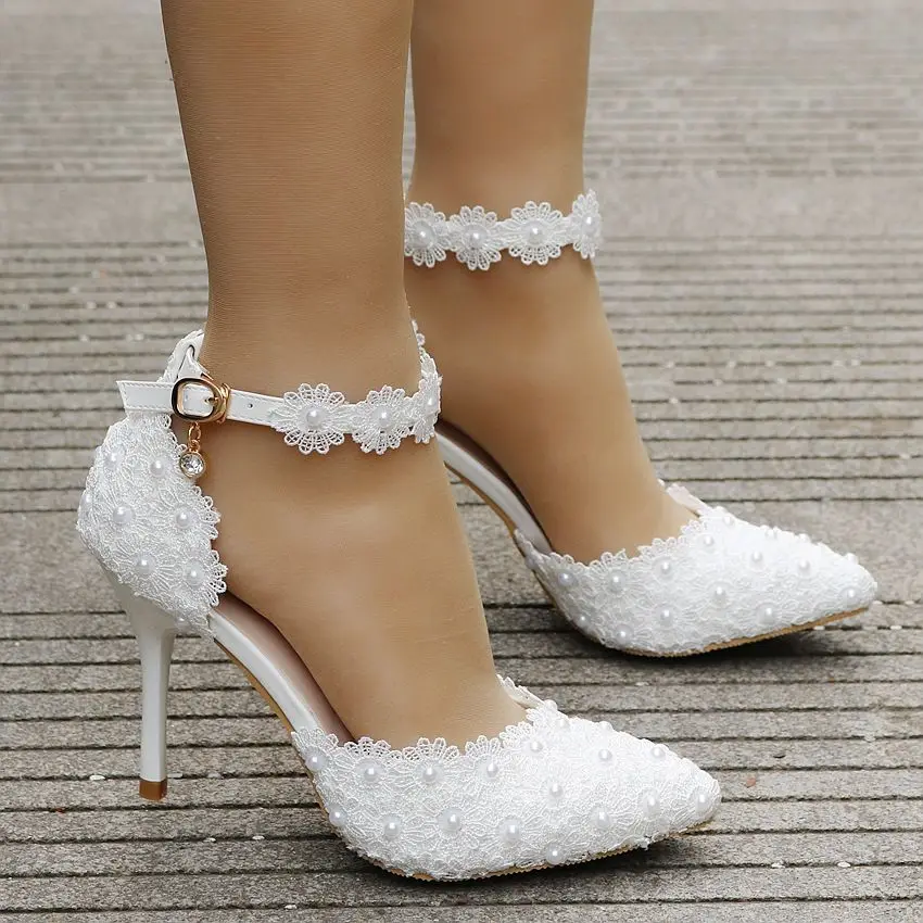 

Super high thin 9cm heels white lace wedding shoes bride sexy point toes pearls lace flower side open summer bridal shoes