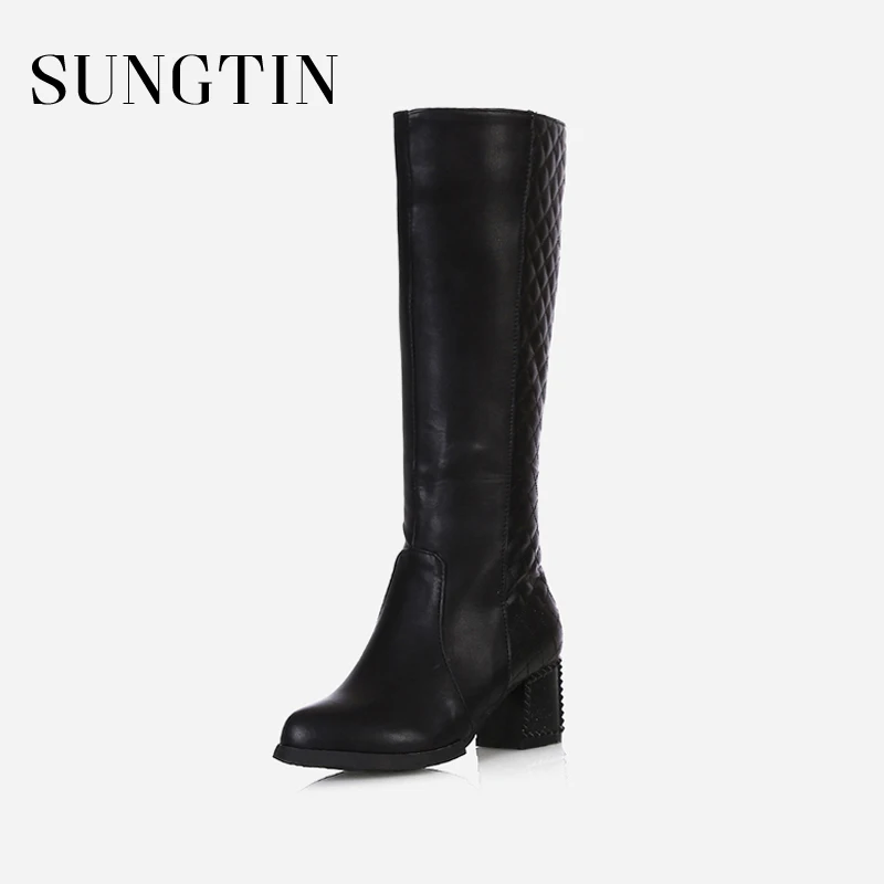 Sungtin/Новые модные зимние женские сапоги до колена из искусственной кожи; Женские однотонные удобные сапоги из мягкой кожи на высоком каблуке; цвет черный, белый
