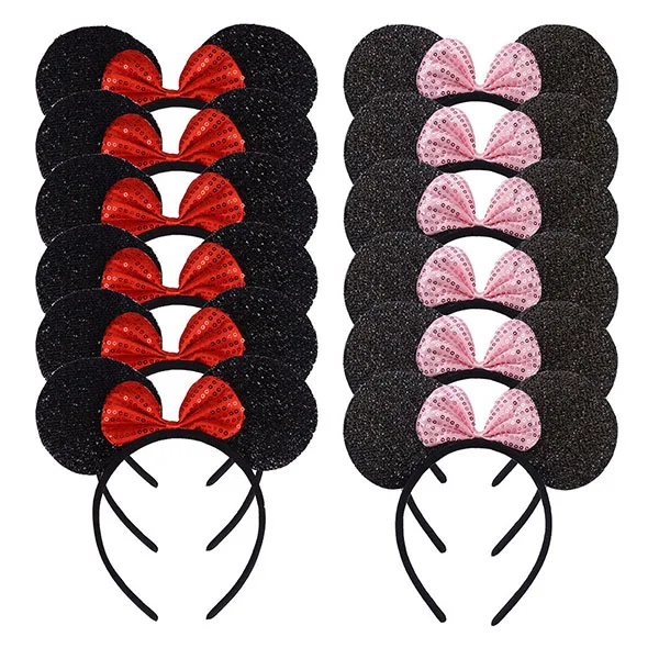 Black Sequin RedPink 12 шт. Микки Минни уши Роза ободки с блестками и бантом Хэллоуин День рождения холостяк детская вечеринка Девочки Мальчики мама аксессуары для волос - Цвет: Black Sequin RedPink